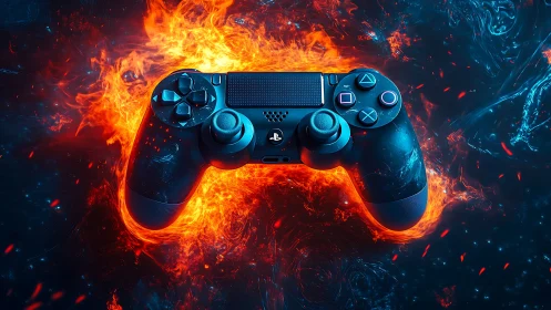 PS4 Controller Engulfed in Flames Against Fire and Ice.