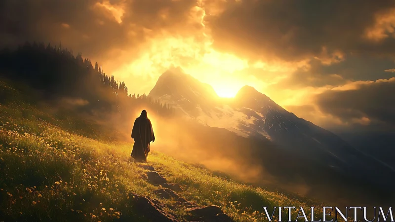 Solitary cloaked wanderer beneath blazing mountain sunrise.