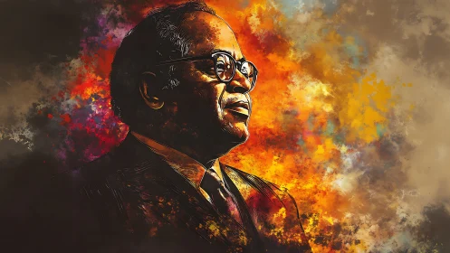 Portrait against fiery abstract sky glows with quiet strength.