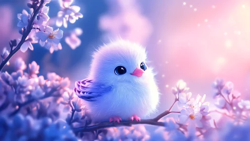 Fluffy pastel bird among soft glowing cherry blossoms.
