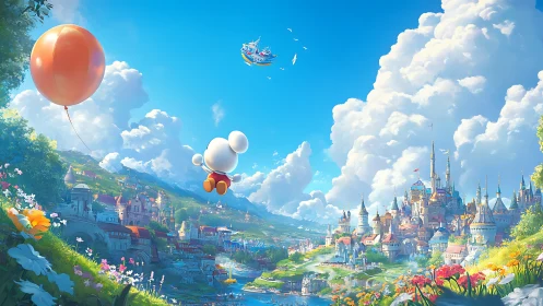 Cartoon figure soaring toward bright fantasy castle city.