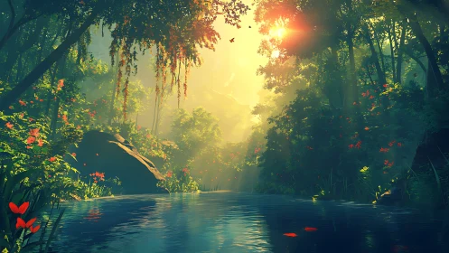 Sunlit Forest Stream with Golden Canopy Light.