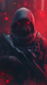 Hooded futuristic soldier grips rifle amid glowing red embers