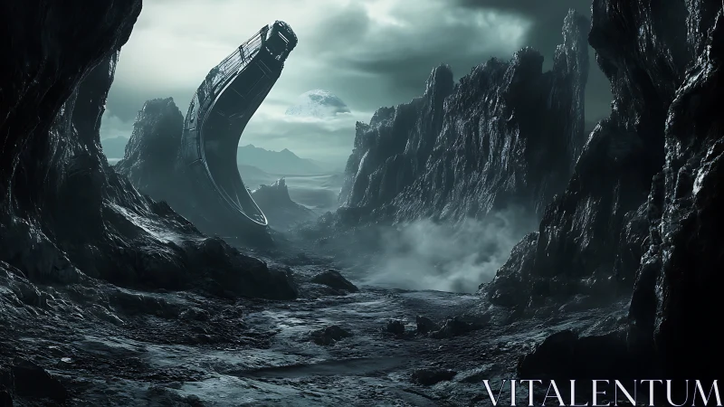 Derelict starship in a dark alien canyon landscape.