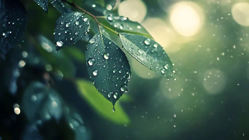 Rain-kissed green leaves with luminous bokeh highlights.