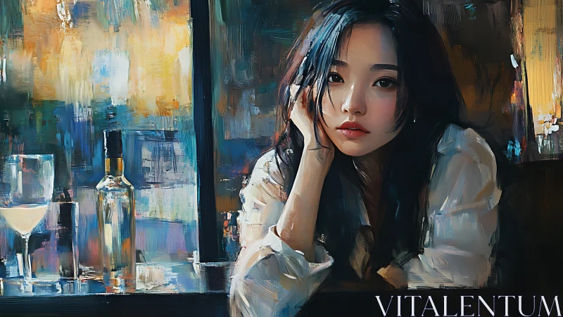 Soft neon solitude at the bar window, painted in wistful color.