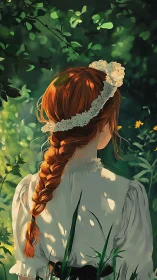 Red-haired girl in lace dress within sunlit forest garden.