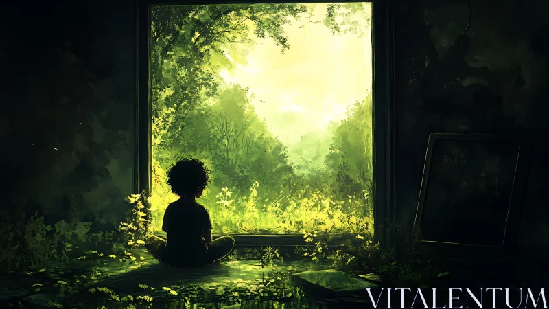 Child silhouetted in doorway observing bright green forest.