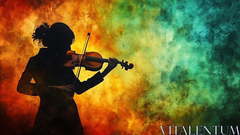 Silhouette of violinist against textured color gradient background.