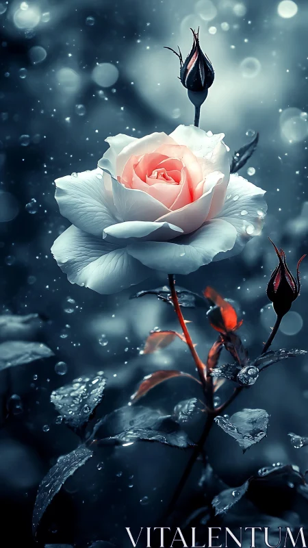 White rose glows softly amid dark wet foliage at night