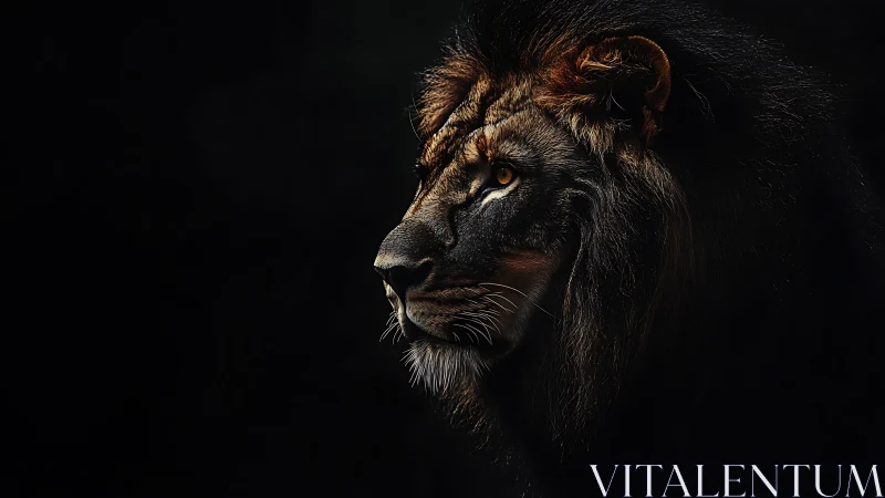 Regal lion in soft shadow with warm, watchful gaze.