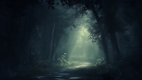 Volumetric light rays penetrate dense forest canopy with atmospheric depth rendering