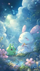 Celestial twilight meadow with chibi rabbits by reflective pond