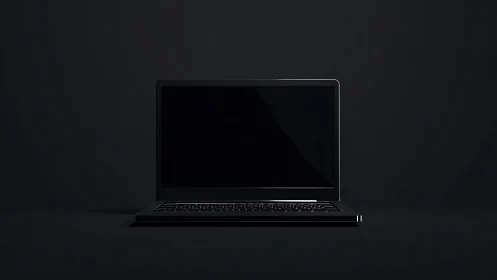 Closed black laptop sits centered against dark background