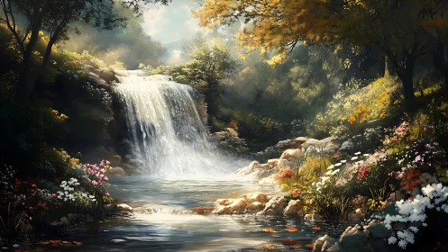 Sunlit forest waterfall embraced by blooming wildflowers.