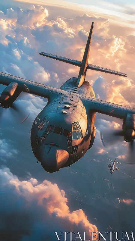 Sunlit military transport plane gliding above soft clouds.