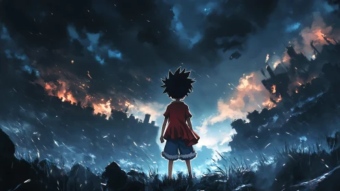 Boy in red coat watches burning city under stormy sky.