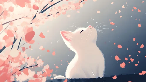 White Cat Gazing at Cherry Blossom Petals in Twilight