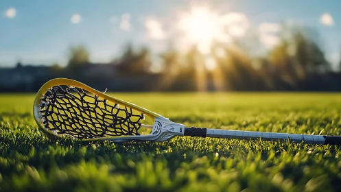 Lacrosse stick lying on grass field under low sun.