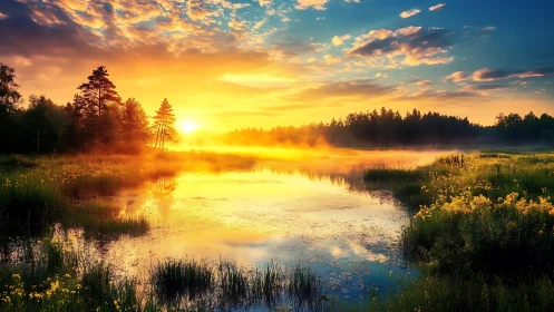 Golden sunrise over a peaceful misty lake and wild meadow.