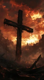 Charred monumental cross amid apocalyptic urban conflagration.