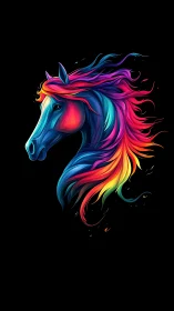 Prismatic stallion portrait with flowing neon mane digital.