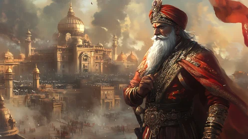 Regal warrior overlooking grand domed imperial city.