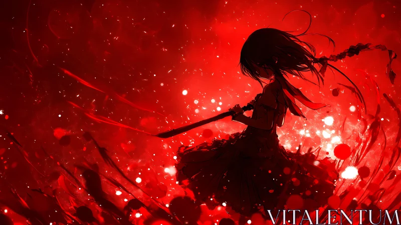 Silhouetted swordswoman amid crimson particle storm.