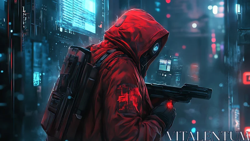 Cybernetic operative in red tactical hood within neon datacore