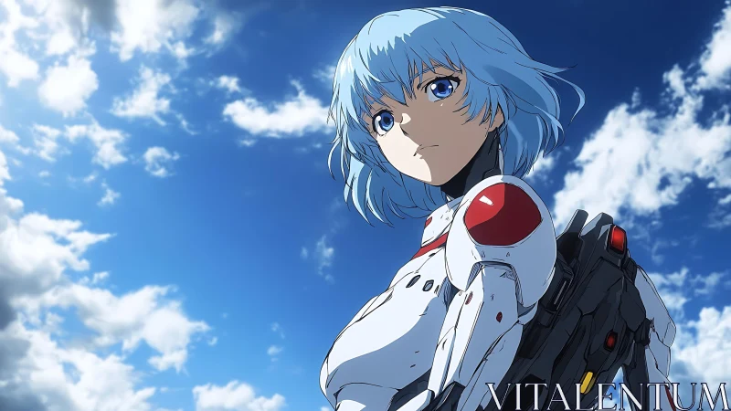 Blue haired anime pilot in white armor under vivid sky.