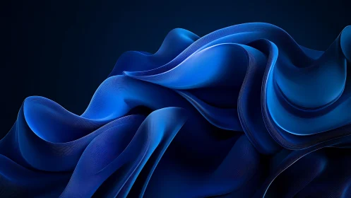 Flowing Abstract Blue Fabric Waves on Dark Background, Digital Art.