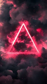 Neon triangular frame in luminous crimson cosmic cloudscape.