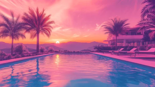 Luxury pool and palm trees under vivid neon sunset sky.
