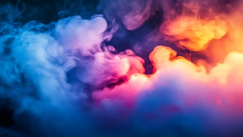 Colored smoke plumes blend in dense blue, pink and orange clouds.