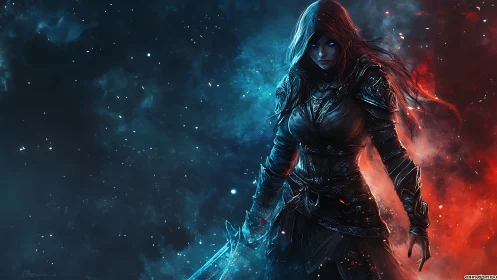 Mysterious warrior walks between chilling blue and firelight.