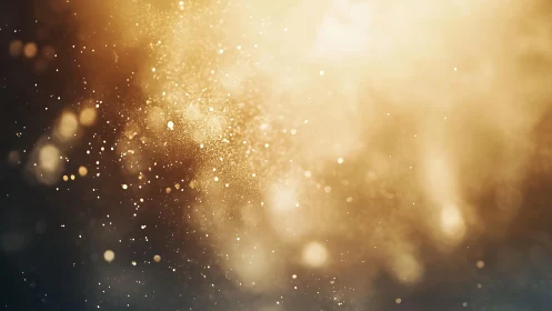 Golden dust particles floating in soft bokeh abstract light background.