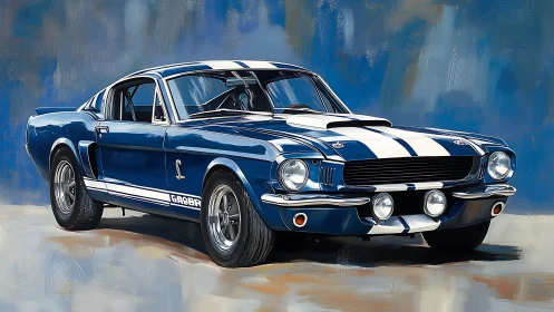 Iconic blue muscle car rendered in dynamic oil strokes.