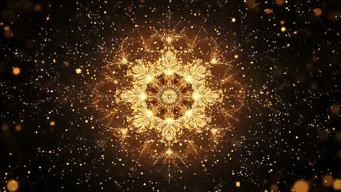 Celestial ember snowflake blooming in midnight stardust.