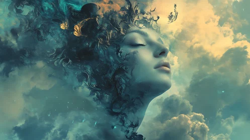 Surreal skybound portrait with dissolving dreamlike face.