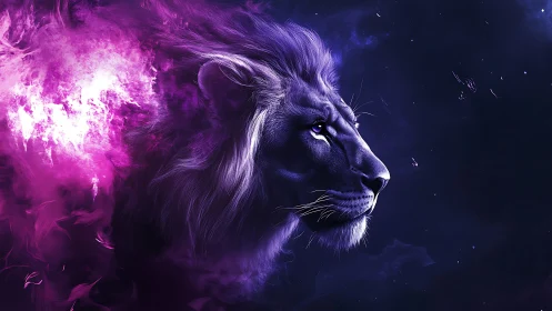 Lion profile rendered in purple nebula-like digital light