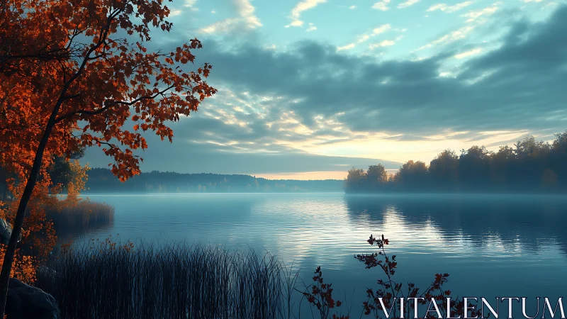 Calm misty lake at sunrise with vivid autumn shoreline.