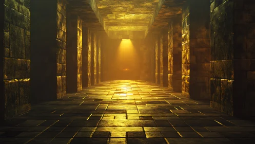 Stone corridor with central light beam in ancient hall.