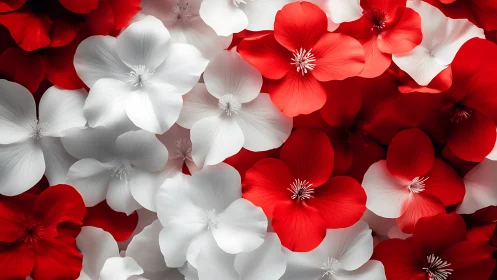 Red and White Flowers Massed in Luminous Floral Composition