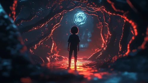 Child stands in glowing forest tunnel facing swirling portal.