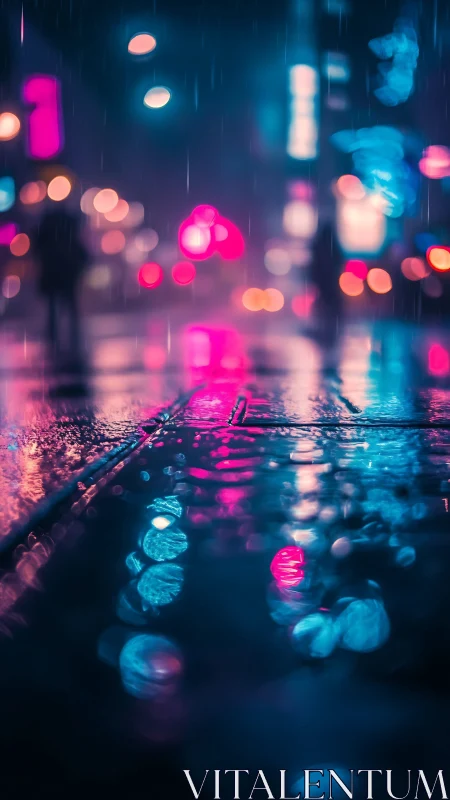 Neon city street reflections in moody urban night rain.