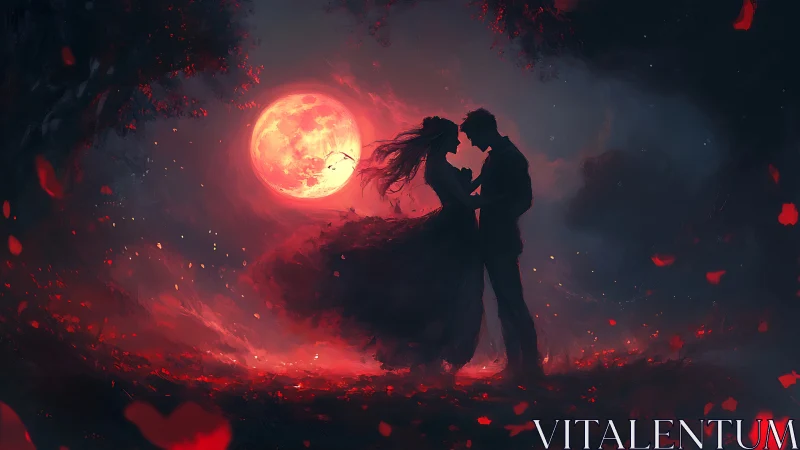 Red Moon Embrace: A Silhouetted Love Scene