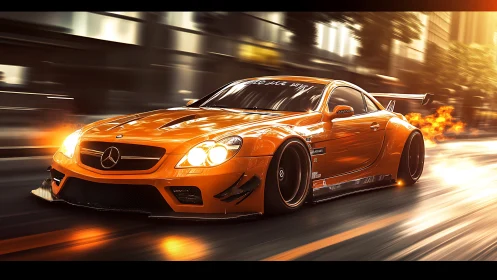 Orange supercar roars through city streets in a blazing rush