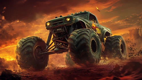 Monster truck roars through fiery desert at explosive sunset
