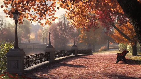 Sunlit autumn park path curves quietly beside a misty river