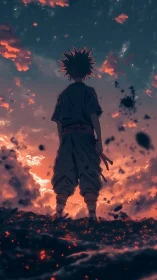 Lone anime warrior stands over burning ground at dusk.